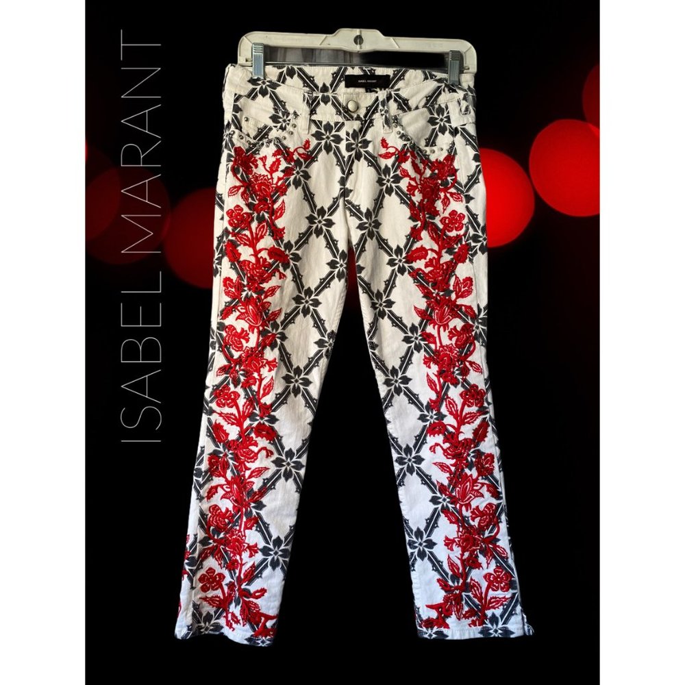 ISABEL MARANT BOLD RED FLORAL EMBROIDERED JEANS